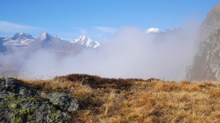 Sur la crête (point coté 2352m), brève apparition du Mont Blanc.