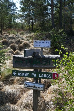 Au milieu de l’île d’Askøy, un petit panneau indiquant que l’on se trouve à mi-chemin du sentier d’Askøy på langs.