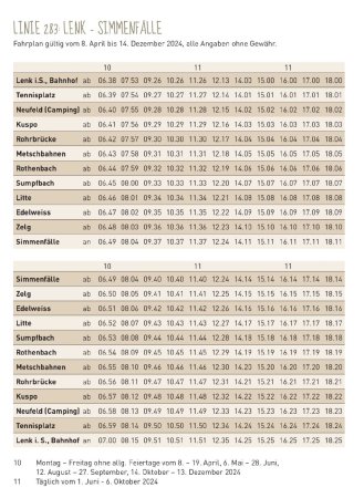 Horaire du bus entre Lenk et les Simmenfälle 