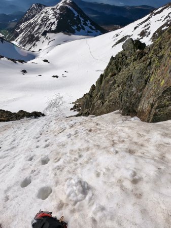 Vers le bas, dans le bas de la goulotte.