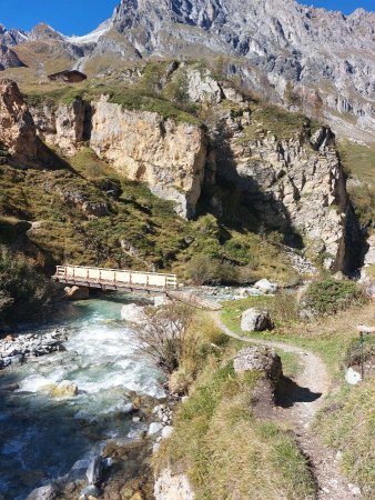 la passerelle sur le doron de Chavière entre Montaimont et le refuge du pont de la pèche