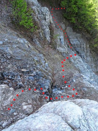 Dans la combe de l’Estillère : tracé du cheminement à suivre vu depuis le rocher blanc pointu
