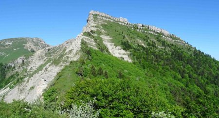 Depuis l’antécime : vue d’ensemble sur le versant est du sommet de l’Aup.