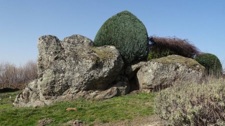 Rocher dans un jardin à la sortie de Leignecq.