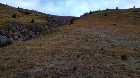 Début de la rude montée vers la tête de Vescal le long d’un ravin (à main droite de celui-ci)