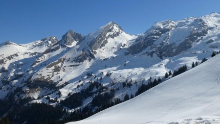 Du col vue sur les sommets nord du massif des Aravis (Pointe de Bella Cha, les Pointes Longues...).