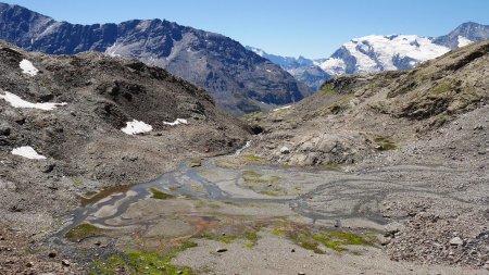 Passage en amont de la petite plaine fluvio-glaciaire située au pied de la moraine terminale de l’ancien glacier de l’Argentière.