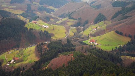 Vue plongeante sur quelques fermes du Renchtal (Bad Antogast, Brumathisenhof, Wilfeneck, Filderhart).