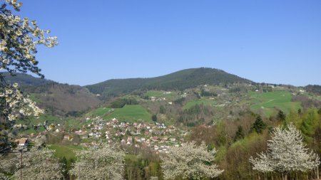 Vue sur Fréland, le col éponyme et le Kalblin, avec en plus les attributs du printemps au 1er et au 2ème plans.