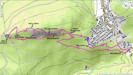 Vue d’ensemble du parcours suivi ce jour, sur fond de carte OpenTopoMap, à l’échelle 16 (sur 17). Nous nous sommes garés sur le parking tout à droite (celui du topo).