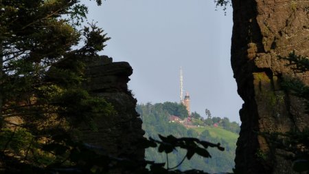 Depuis le Felsen Treppen, zoom sur le sommet de Merkur entre 2 piliers. Les rhododendrons ont l’air bien en fleurs au sommet du Merkur.