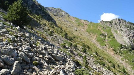 Là, devant, il y a la combe « Entre-deux », la gouttière d’un ruisseau la sciant en deux sur toute sa hauteur. A droite : des pelouses d’un vert charnu, bien vivant. En haut, dans la pente, de gros blocs de gneiss, râpés par les intempéries