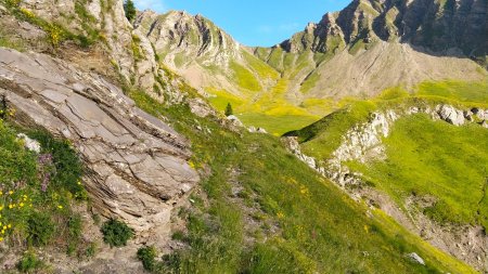 Arrivée de la sente (traversant l’alpage) au point coté 1971, le Col de la Coupa dans l’axe