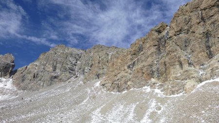 Longer les barres rocheuses par la gauche, et s’engouffrer dans le couloir à droite