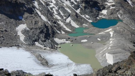 Zoom sur le front du Glacier de Rhêmes-Golette et ses lacs de fonte colorés