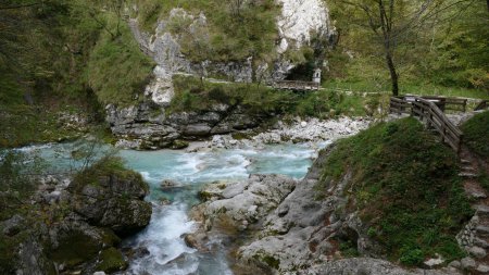 Vue sur l’autre rive de la rivière Tolminka d’où on arrive dans les gorges.