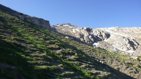 Passer sous la barre rocheuse en la longeant