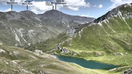 Vue sur les cimes de Clausis et de Chabrières depuis les hauteurs du lac des Cordes.