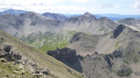 Directement en contrebas, le Bec du Château, puis  à  droite le sommet de Gialorgues. Au fond : Mont Mounier, cime de Bolofré, pointe de Rougnous, Cime de Pal, rocher du Pigeon et tête de la Boulière.