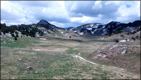 Plaine de la Queyrie, Roc Mazilier Sommet de Montaveila, le Grand Veymont pointe sa cime.