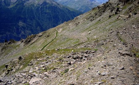 Les bourrelets du paravalanche qui servent de sentier.