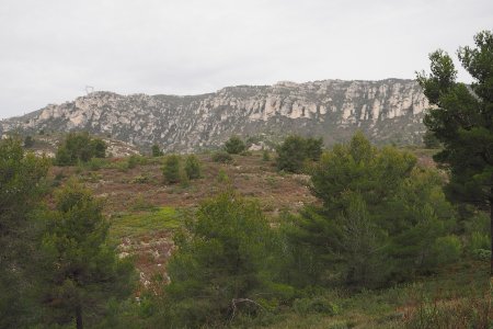 Sur la piste en direction de l’aire de la Mourre. Première vue sur le Baou Traouqua.