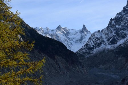 Zoom sur les Arêtes de Rochefort et la Dent du Géant. Contrairement au Montenvers, les Grandes Jorasses ne sont pas visibles.