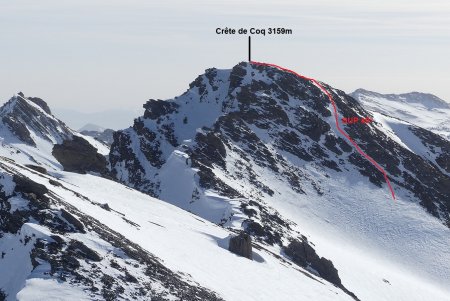 Crête de Coq : tracé du couloir d’ascension.