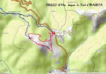 Carte de la randonnée. L’itinéraire décrit est en rouge, en bleu celui de la Ruta Wellington Lindus.