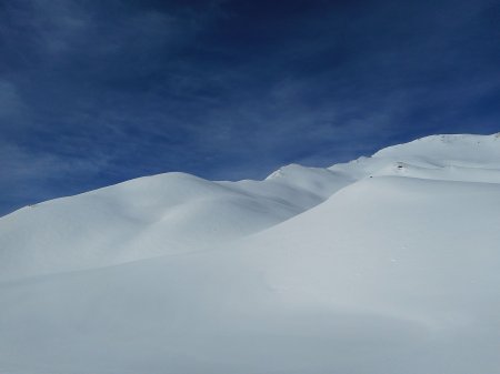 Un territoire vierge de traces. Il faut viser un collet sur la crête au centre.