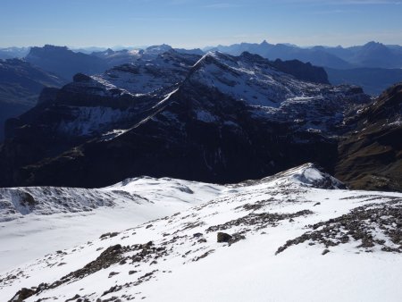 Vers le sud, la Pointe Rousse des Chambres, les Avoudrues, et derrière les Fiz, Platé, les Aravis, les Bornes...