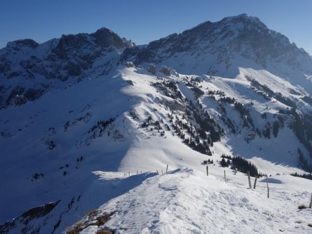 Regard vers le col de la Neuva, le Château et la Dent d’Oche.