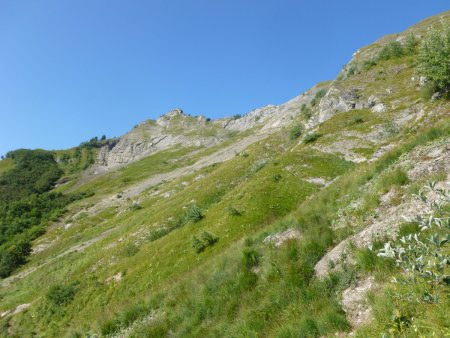 Le trajet est évident il faudra remonter la pente herbeuse au dessus des bosquets et suivre la bande herbeuse sous l’arête.