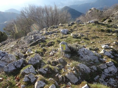 Marque de peinture jaune indiquant de départ d’un sentier sur la gauche en face Sud tandis que le sentier pris à l’aller poursuit en versant Nord