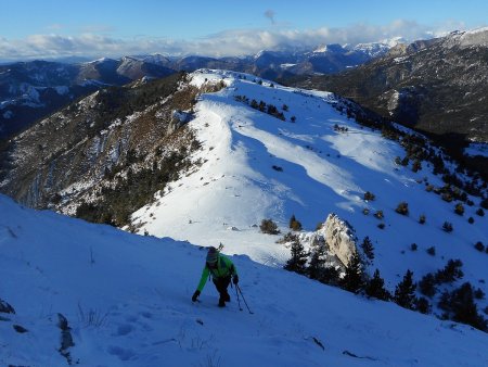 La pente plus raide après la cheminée. Les pins en bas «potentiels» sauveurs en cas de chute