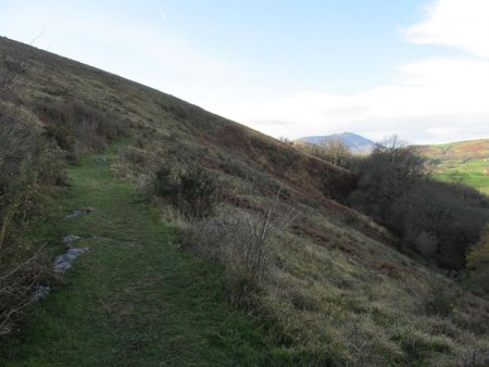 La piste ici herbeuse monte pour franchir un collet..