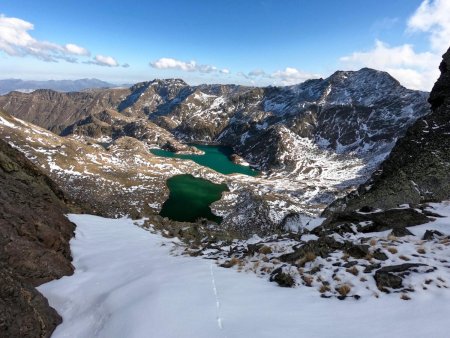 La vire permettant d’attaquer la descente dans le Cirque des Etangs Fourcat