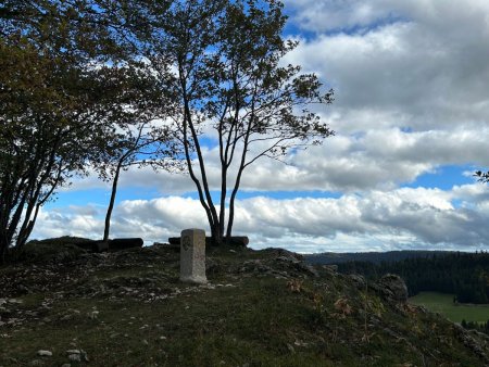 Le point de vue des Rochers du Cerf et sa borne-frontière. L’arbre est en France, pas le petit rocher à droite de l’image.