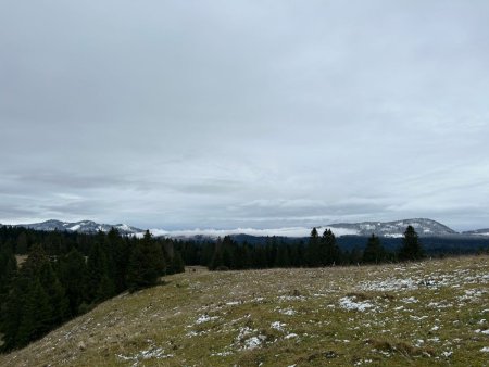 Du Crêt du Vourbey, vue sur la haute chaîne du Jura suisse (de gauche à droite, Chasseron, Petites Roches, Cochet, éoliennes du Mont des Cerfs et Aiguilles de Baulmes) 